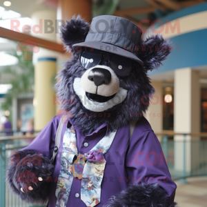 Purple Spectacled Bear mascot costume character dressed with a Button-Up Shirt and Hats
