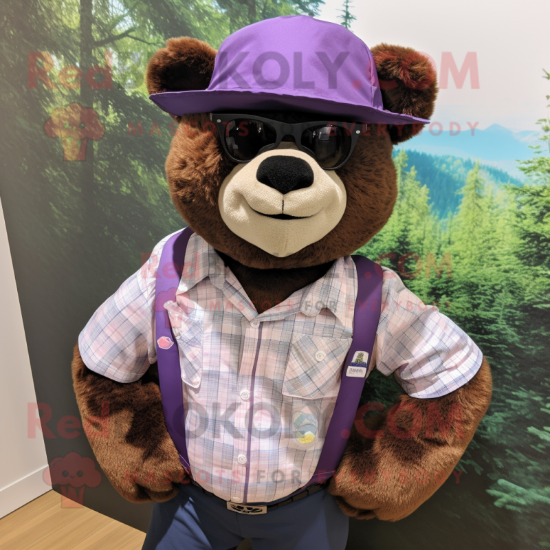 Purple Spectacled Bear mascot costume character dressed with a Button-Up Shirt and Hats