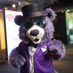 Purple Spectacled Bear mascot costume character dressed with a Button-Up Shirt and Hats