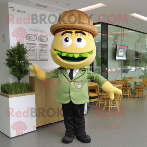 Olive Hamburger mascot costume character dressed with a Suit Pants and Caps