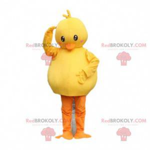 Mascote pato gordo amarelo e laranja. Traje rechonchudo canário
