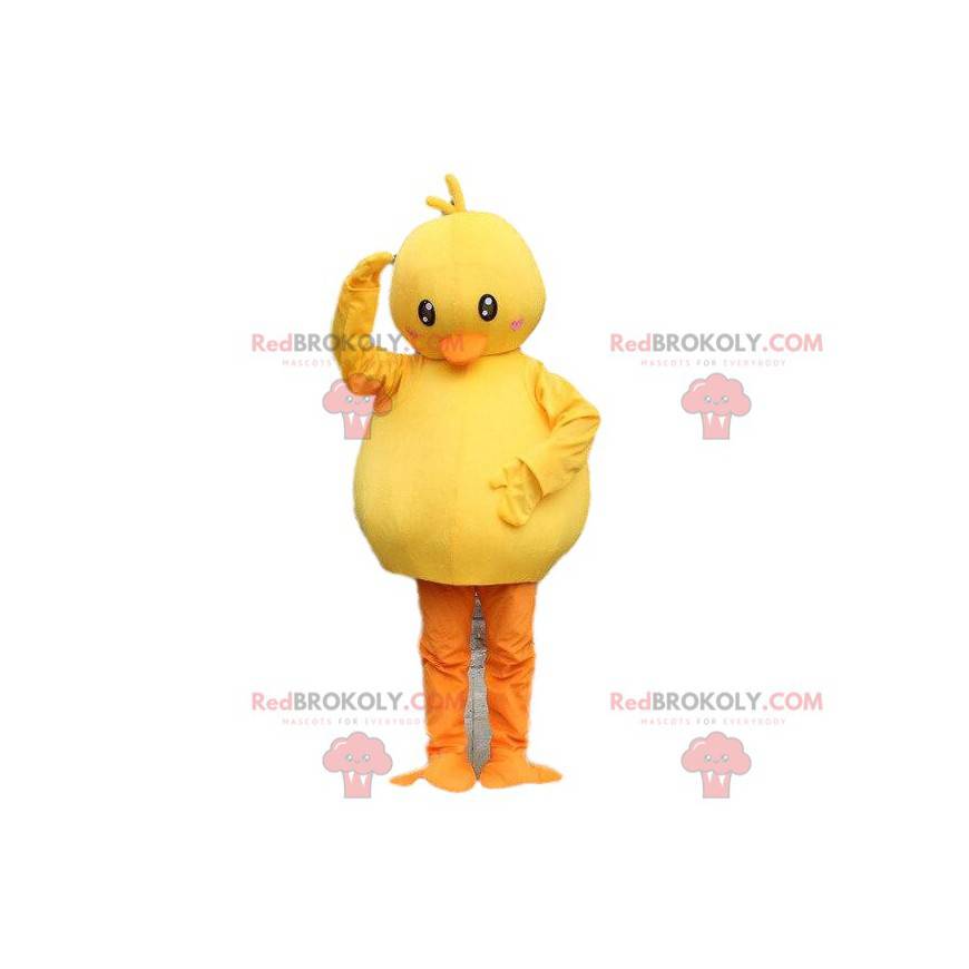 Mascote pato gordo amarelo e laranja. Traje rechonchudo canário