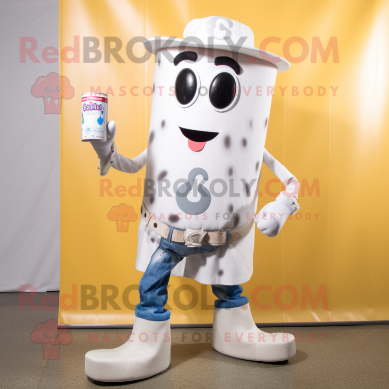 Cream Soda Can mascot costume character dressed with a Bootcut Jeans and Earrings Cream Soda Can mascot costume character dressed with a Bootcut Jeans and Earrings