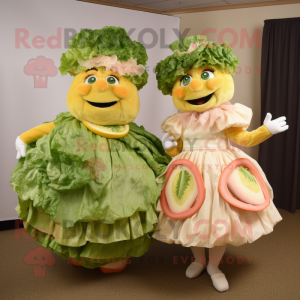 Peach Caesar Salad mascot costume character dressed with a Skirt and Hats