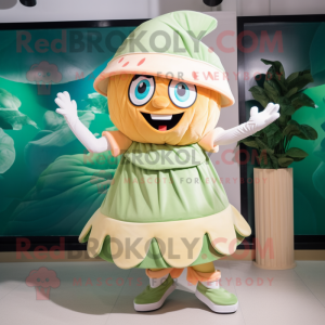 Peach Caesar Salad mascot costume character dressed with a Skirt and Hats