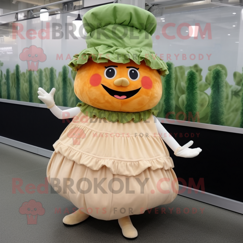 Peach Caesar Salad mascot costume character dressed with a Skirt and Hats