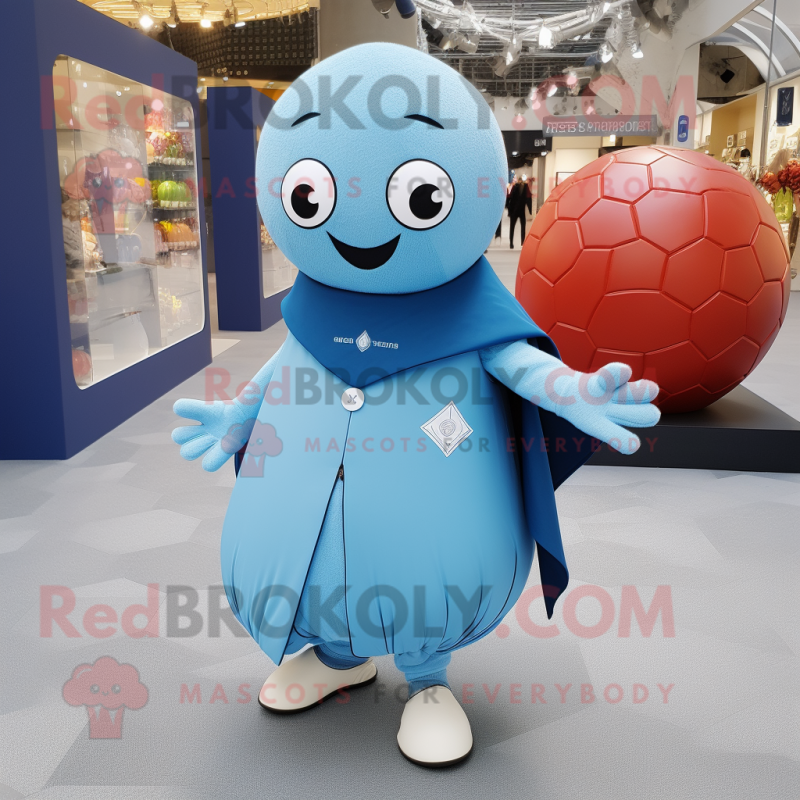 Sky Blue Petanque Ball mascot costume character dressed with a Coat and Shawls Sky Blue Petanque Ball mascot costume character dressed with a Coat and Shawls