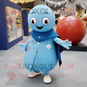 Sky Blue Petanque Ball mascot costume character dressed with a Coat and Shawls