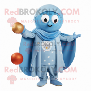 Sky Blue Petanque Ball mascot costume character dressed with a Coat and Shawls