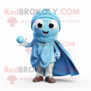 Sky Blue Petanque Ball mascot costume character dressed with a Coat and Shawls