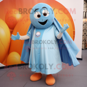 Sky Blue Petanque Ball mascot costume character dressed with a Coat and Shawls