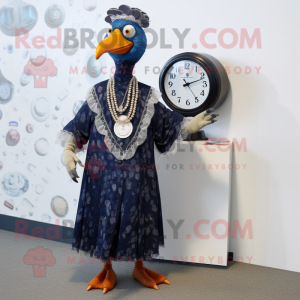 Navy Guinea Fowl mascot costume character dressed with a Maxi Dress and Digital watches