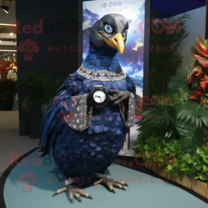 Navy Guinea Fowl mascot costume character dressed with a Maxi Dress and Digital watches