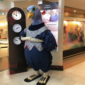Navy Guinea Fowl mascot costume character dressed with a Maxi Dress and Digital watches
