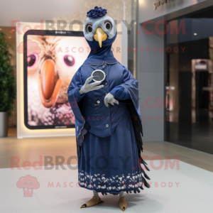 Navy Guinea Fowl mascot costume character dressed with a Maxi Dress and Digital watches