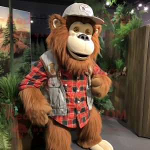 Beige Orangutan mascot costume character dressed with a Flannel Shirt and Hat pins