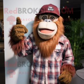 Beige Orangutan mascot costume character dressed with a Flannel Shirt and Hat pins