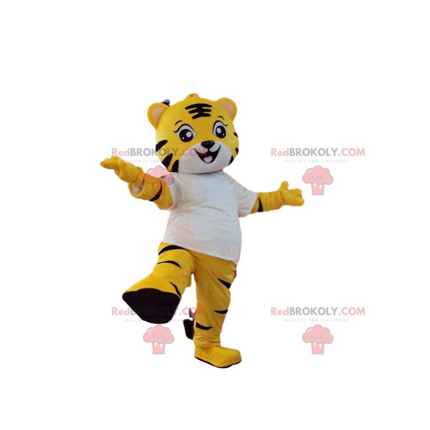 Gul og hvid tigermaskot. Gul tiger kostume - Redbrokoly.com