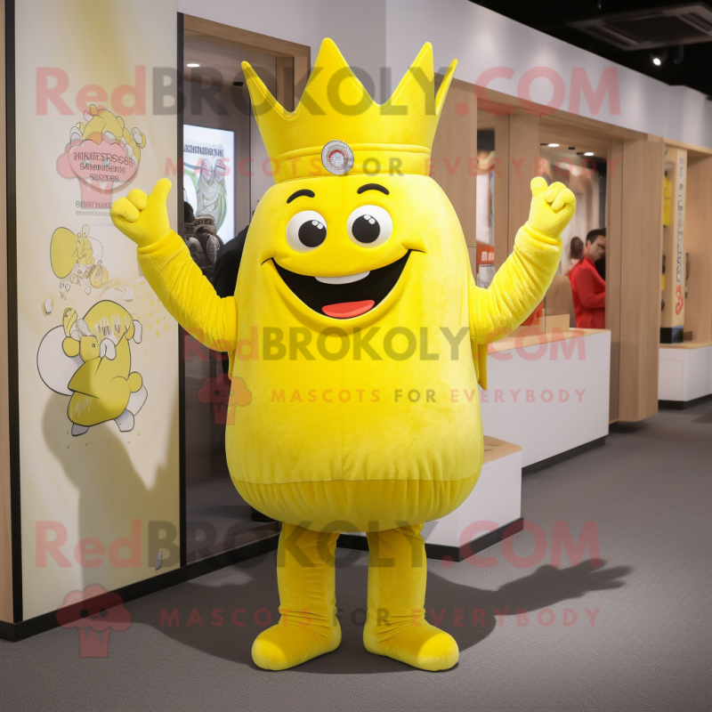 Lemon Yellow Queen mascot costume character dressed with a Joggers and Cummerbunds Lemon Yellow Queen mascot costume character dressed with a Joggers and Cummerbunds