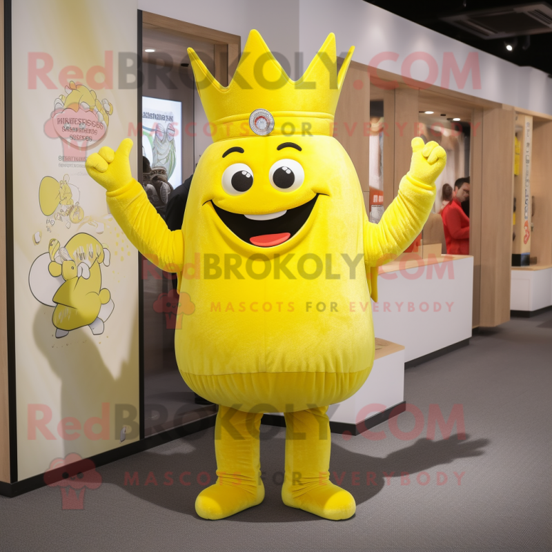 Lemon Yellow Queen mascot costume character dressed with a Joggers and Cummerbunds