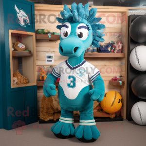 Teal Seahorse mascot costume character dressed with a Rugby Shirt and Headbands