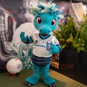 Teal Seahorse mascot costume character dressed with a Rugby Shirt and Headbands