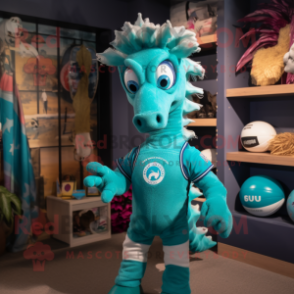 Teal Seahorse mascot costume character dressed with a Rugby Shirt and Headbands