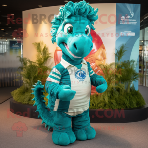 Teal Seahorse mascot costume character dressed with a Rugby Shirt and Headbands