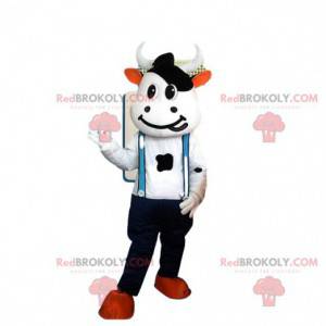 Mascot costume white and black cow with overalls -