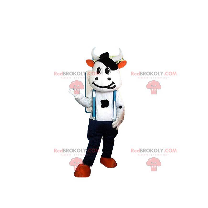 Mascotte costume vache blanche et noire avec une salopette -