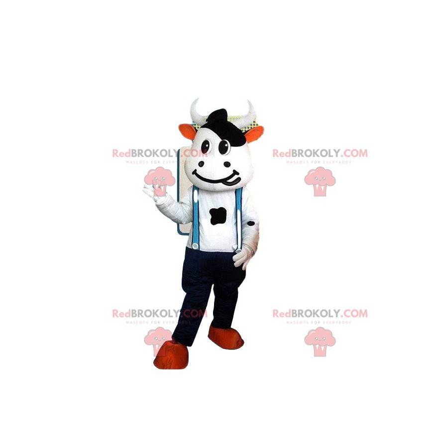 Traje de mascote de vaca branca e preta com macacão -