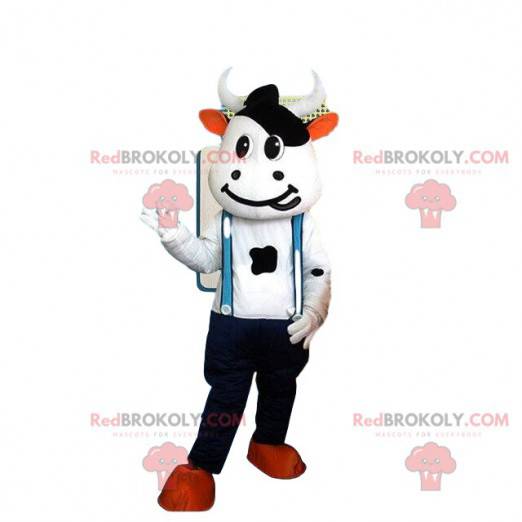 Mascotte costume vache blanche et noire avec une salopette -