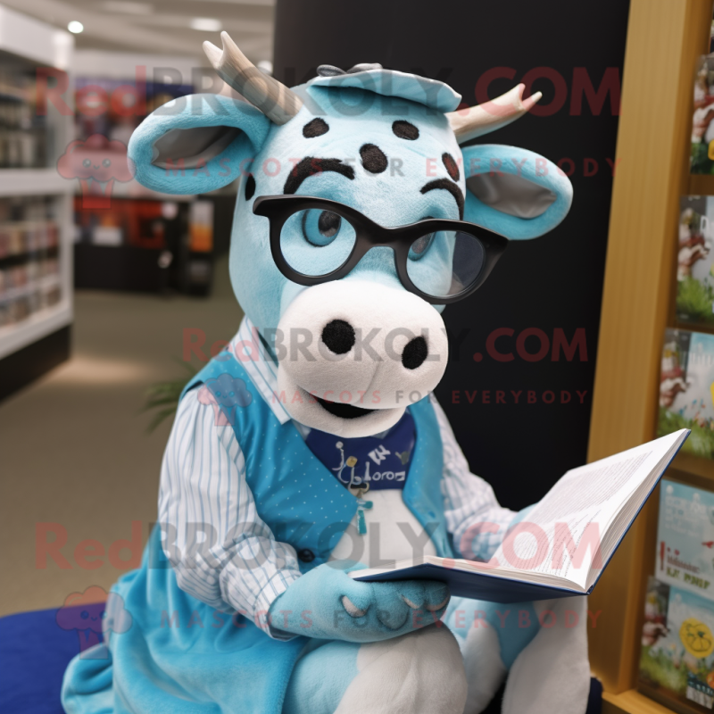 Cyan Cow mascot costume character dressed with a Oxford Shirt and Reading glasses