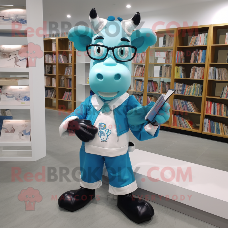 Cyan Cow mascot costume character dressed with a Oxford Shirt and Reading glasses