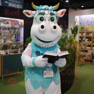 Cyan Cow mascot costume character dressed with a Oxford Shirt and Reading glasses