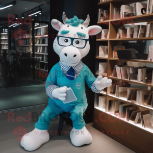 Cyan Cow mascot costume character dressed with a Oxford Shirt and Reading glasses