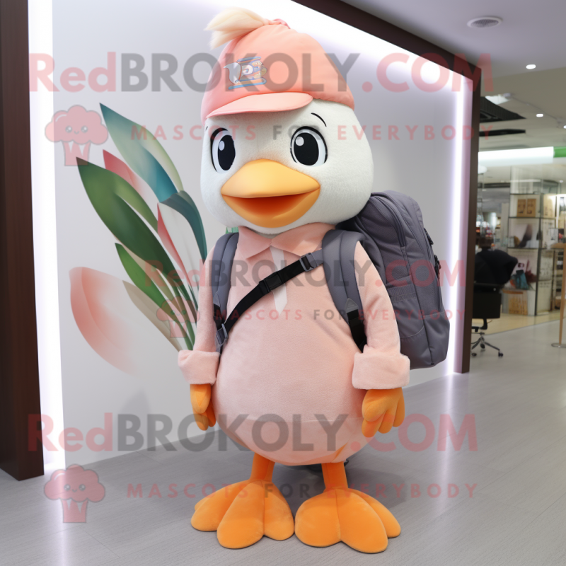 Peach Dove mascot costume character dressed with a Skinny Jeans and Backpacks Peach Dove mascot costume character dressed with a Skinny Jeans and Backpacks