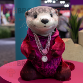 Magenta Otter mascot costume character dressed with a Sweater and Necklaces