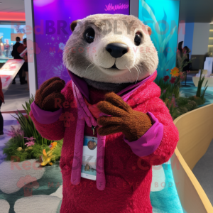 Magenta Otter mascot costume character dressed with a Sweater and Necklaces