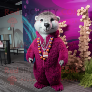 Magenta Otter mascot costume character dressed with a Sweater and Necklaces