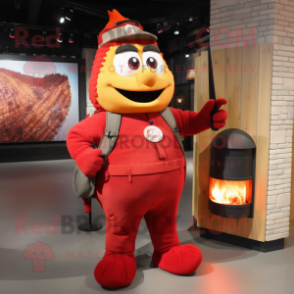 Red Fire Eater mascot costume character dressed with a Tank Top and Messenger bags