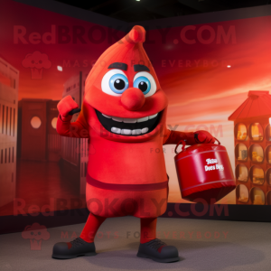 Red Fire Eater mascot costume character dressed with a Tank Top and Messenger bags