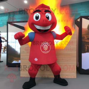 Red Fire Eater mascot costume character dressed with a Tank Top and Messenger bags