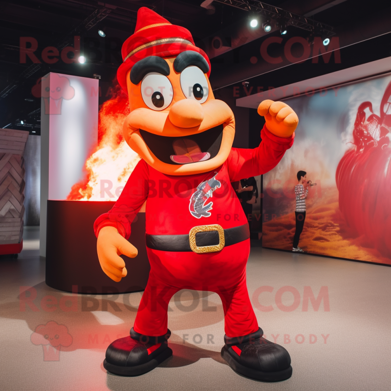 Red Fire Eater mascot costume character dressed with a Tank Top and Messenger bags Red Fire Eater mascot costume character dressed with a Tank Top and Messenger bags