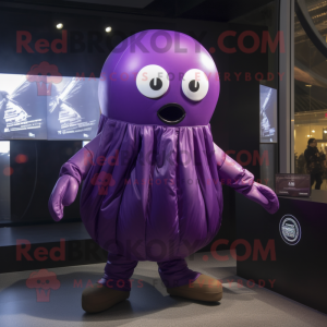 Purple Jellyfish mascot costume character dressed with a Leather Jacket and Scarves