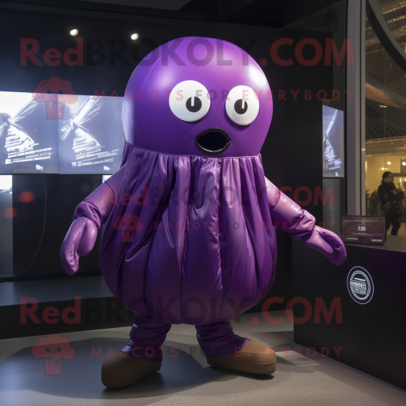 Purple Jellyfish mascot costume character dressed with a Leather Jacket and Scarves Purple Jellyfish mascot costume character dressed with a Leather Jacket and Scarves
