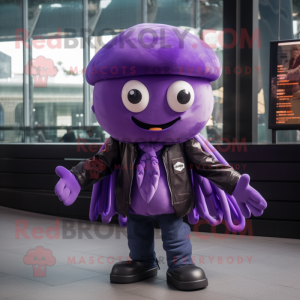 Purple Jellyfish mascot costume character dressed with a Leather Jacket and Scarves