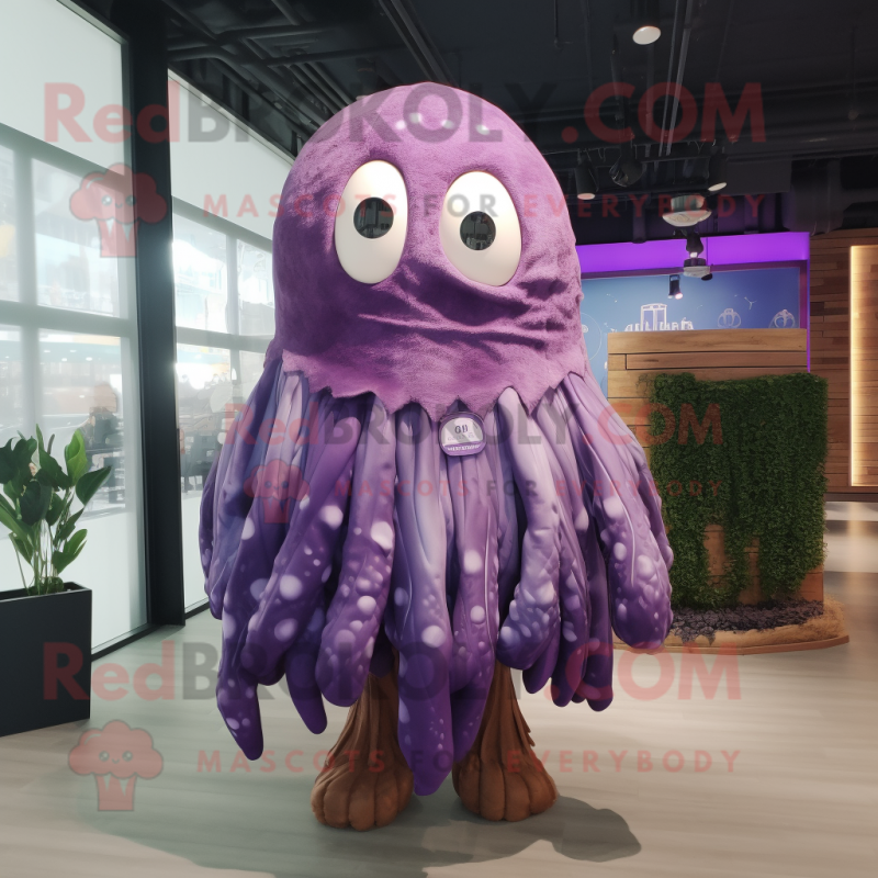 Purple Jellyfish mascot costume character dressed with a Leather Jacket and Scarves