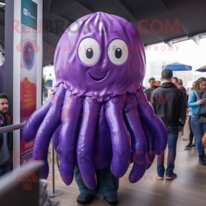 Purple Jellyfish mascot costume character dressed with a Leather Jacket and Scarves