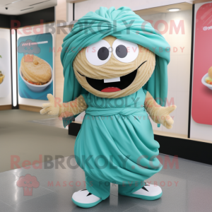Teal Ramen mascot costume character dressed with a Circle Skirt and Shoe laces